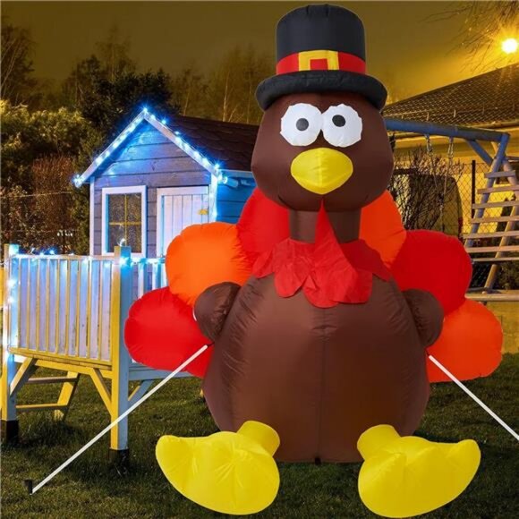 6FT Inflatable Turkey with Pilgrim Hat Yard Decoration - LED Light Up Blow Up - Picture 1 of 8